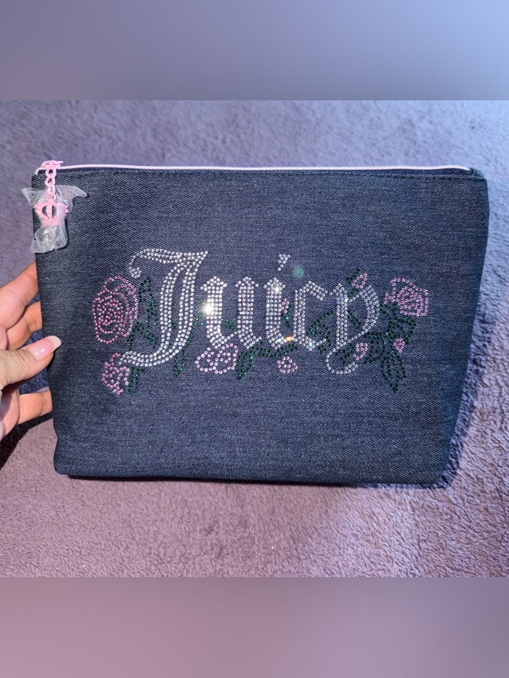Juicy Couture 💓 Xtra Large Denim Rhinestone Floral Pouch - Pink, Green & Silver